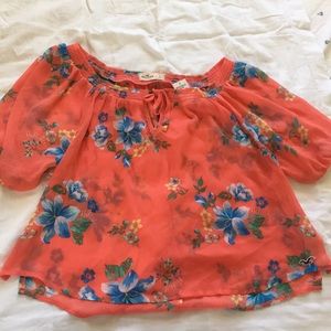Sheer orange salmon shirt with flowers